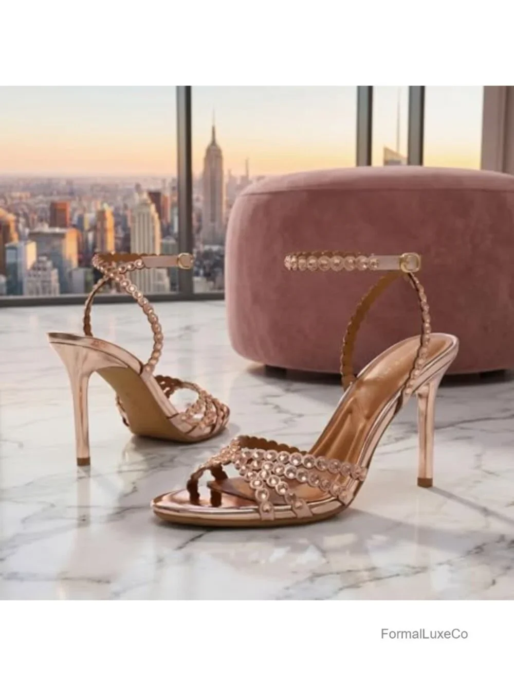 Metallic Strappy High-Heeled Sandals Rhinestone Embellishments Stiletto Heel